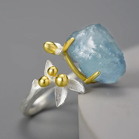 Blume und Aquamarin | Ring | 925 Sterling Silber | Größenverstellbar