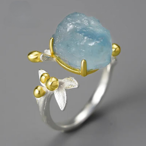 Blume und Aquamarin | Ring | 925 Sterling Silber | Größenverstellbar